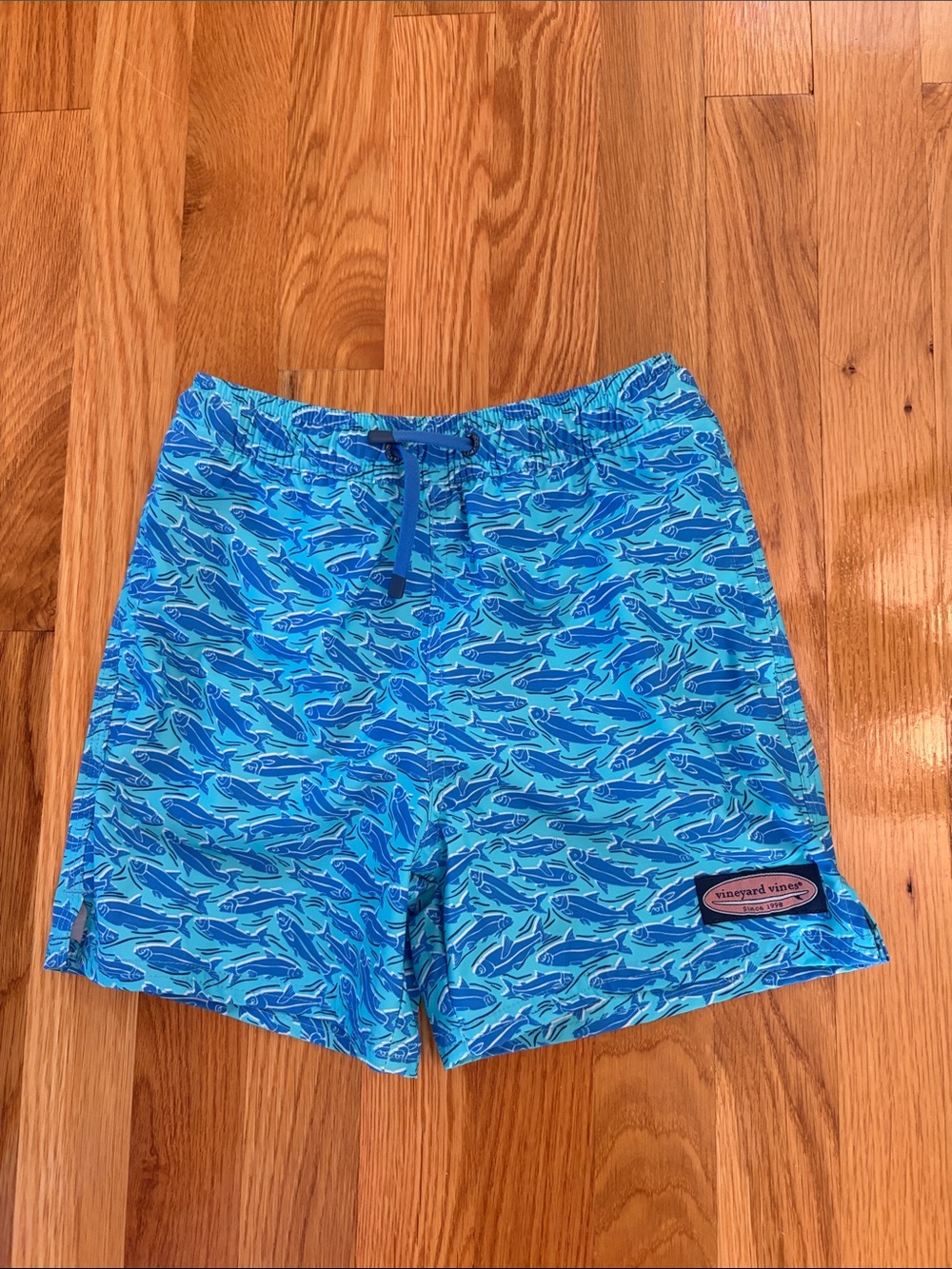 Vineyard Vines Blue & Aqua Shark Print Kids Swim Trunks